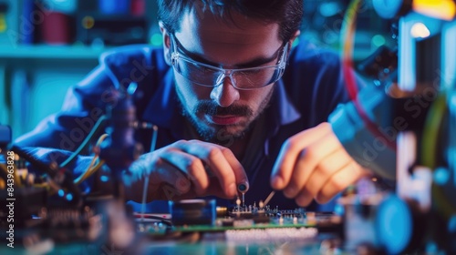 A man in eyewear is seen working on a circuit board in a dark room, exploring the science of circuitry for recreational fun. AIG41