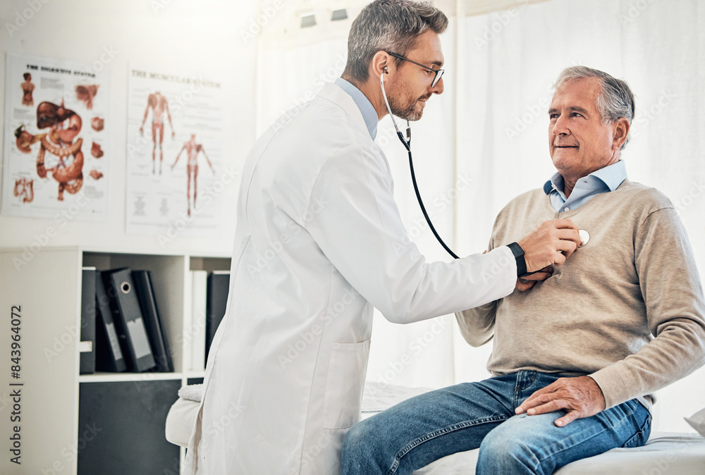 Obraz premium Consultation, man and doctor in office with stethoscope, checkup and healthcare at senior clinic. Diagnosis, elderly patient and medical professional with support, checking heart health and advice
