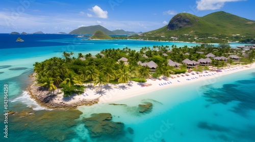Aerial panoramic view of a tropical island with palm trees, sand and turquoise water