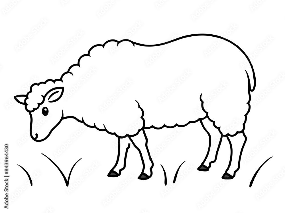 A fluffy sheep grazing in a field in line art style A fluffy sheep grazing in a field in line art style