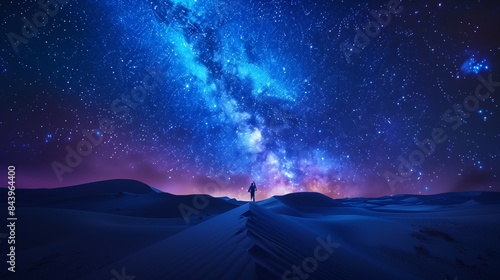 silhouette of person stargazing in desert with milky way galaxy illuminating the night sky 