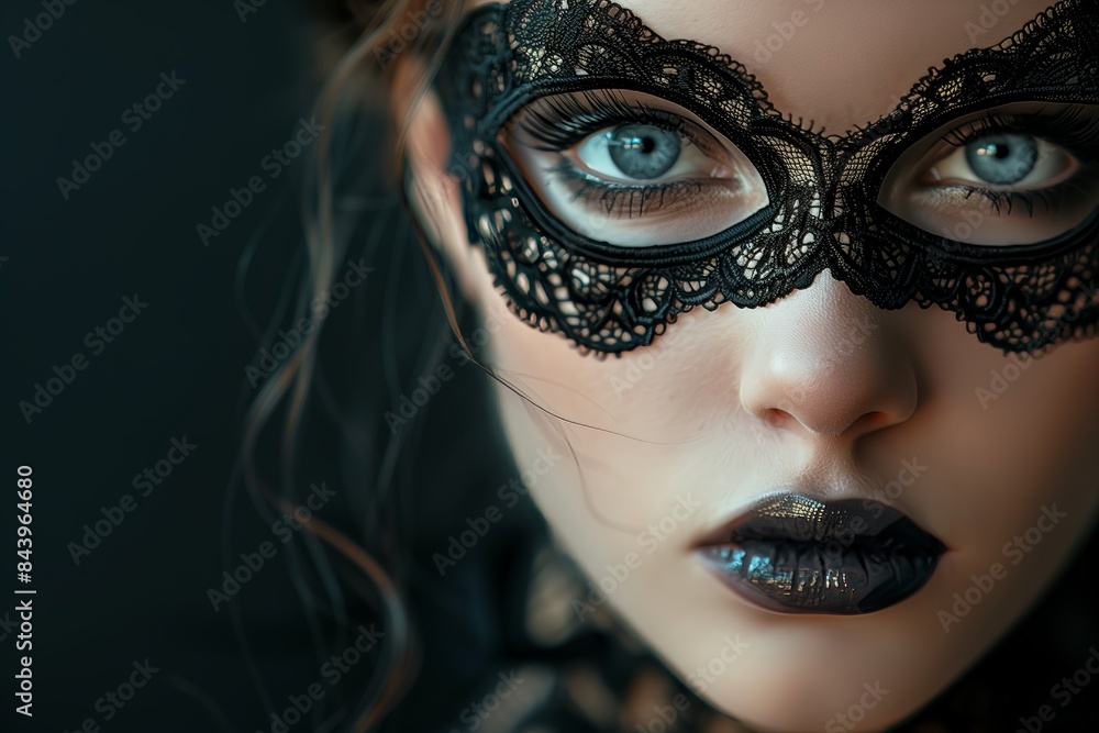 A woman with a black mask on her face. The mask is made of lace and has a gold trim. The woman has dark hair and blue eyes A woman with a black mask on her face. The mask is made of lace and has a gold trim. The woman has dark hair and blue eyes