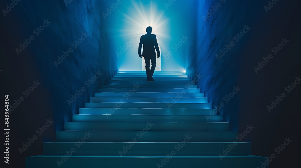 Inspiring photograph of a man climbing up white stairs towards a trophy, symbolizing success and accomplishment, against a dark background illuminated by dynamic lighting, shadow play, and rich Inspiring photograph of a man climbing up white stairs towards a trophy, symbolizing success and accomplishment, against a dark background illuminated by dynamic lighting, shadow play, and rich
