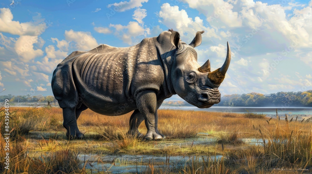 Fototapeta premium A rhinoceros commonly shortened to rhino is among five existing odd toed ungulate species within the Rhinocerotidae family along with several extinct species