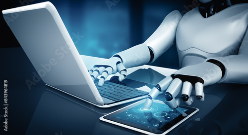 MLP 3d illustration Robot humanoid use laptop and sit at table in future office while using AI thinking brain , artificial intelligence and machine learning process. 4th fourth industrial revolution