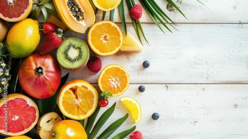 A diverse selection of tropical fruits and leaves displayed on a wooden table  perfect ingredients for creating exotic cuisine dishes and natural food recipes AIG50