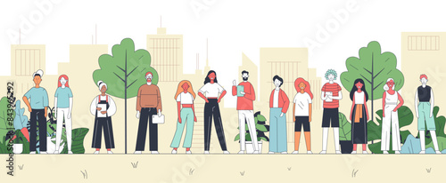 Diverse group of people standing in a city park with trees and buildings in the background casual clothing holding gadgets and documents