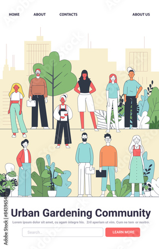 Urban gardening community with diverse people plants and cityscape background modern flat design colorful characters green foliage and urban environment