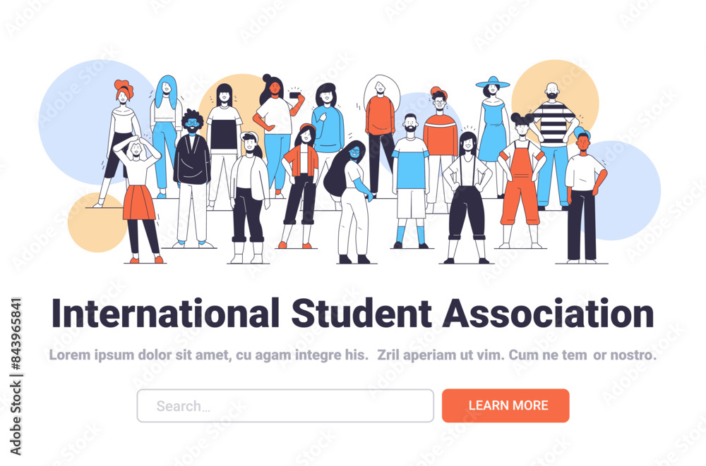Diverse group of international students standing together with colorful abstract shapes in the background Diverse group of international students standing together with colorful abstract shapes in the background