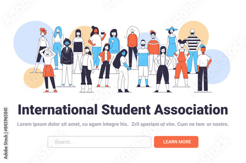 Diverse group of international students standing together with colorful abstract shapes in the background