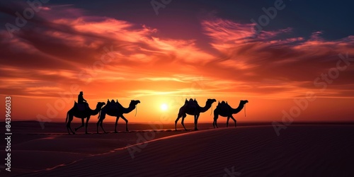 Animal photography - Black silhouette of camels in the desert landscape during sunset or sunrise  Generative AI