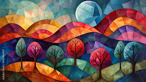 Meadow - Colorful Landscape Painting, Shapes Art, Cubist Art, Cuboidal, Cubism Hills, Color Trees