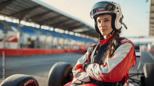 Female motorsport athlete poised at the racetrack, exuding confidence and readiness for competition © familymedia