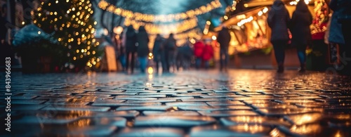 Defocused christmas market - Wet paving stones of a street after it rained at night, with bokeh lights, Generative AI