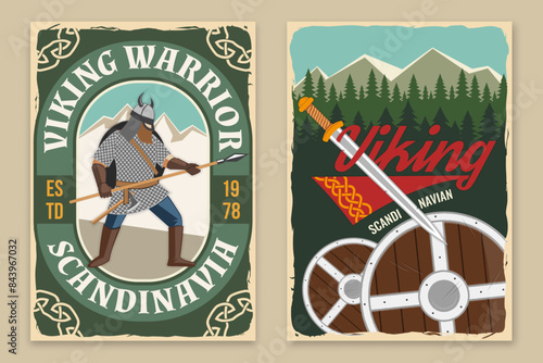 Set of viking warrior retro posters. Vector illustration. Flyer, brochure, banner template design with a viking in helmet with spear and round shield