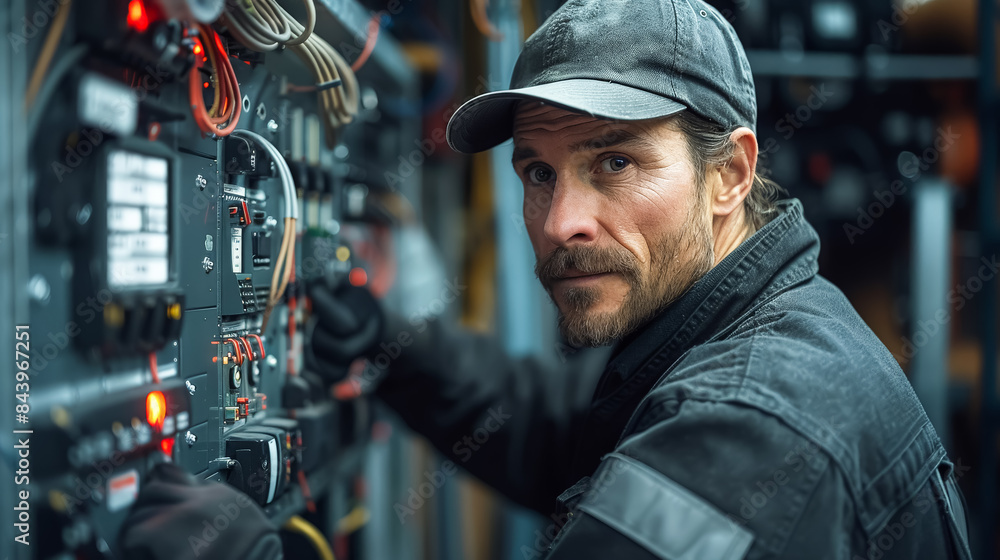 A man in a hat and a black jacket is working on a machine. He is focused on his task and he is in a serious mood A man in a hat and a black jacket is working on a machine. He is focused on his task and he is in a serious mood