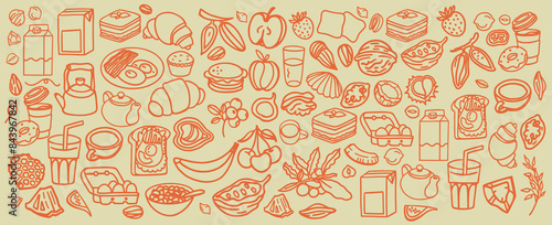 Breakfast hand drawn ingredients vector set. Crunches. Morning meal menu design. Collection of dishes for breakfast and brunch. Sketch. Fresh vegetables, cheese, scrambled eggs, bacon, coffee.