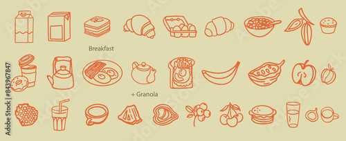 Breakfast hand drawn ingredients vector set. Crunches. Morning meal menu design. Collection of dishes for breakfast and brunch. Sketch. Fresh vegetables, cheese, scrambled eggs, bacon, coffee.