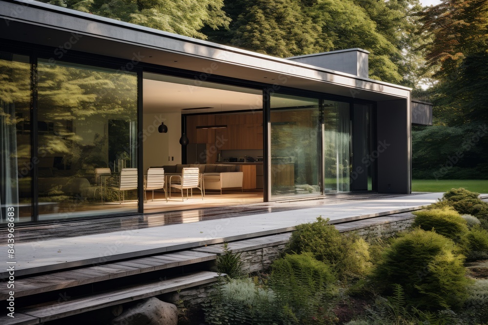 Fototapeta premium Modern Home With Large Glass Windows Overlooking Lush Greenery. Generative AI