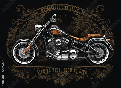 Vector t-shirt design with biker motorcycle on black background.
Fashionable print for fabric, men clothing,
hoodie, biker jacket. T shirt template with lettering
Live to ride, motorcycle life style.