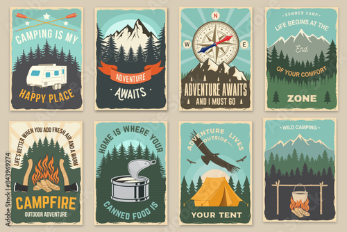 Set of Summer camp quotes patches. Vector. Design with rv trailer, camping tent, forest, bear, deer, mountains, axe and campfire.
