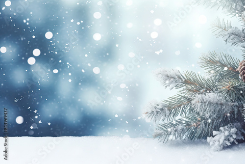 Snow-laden pine branches against a soft bokeh background, embodying the serene spirit of winter.