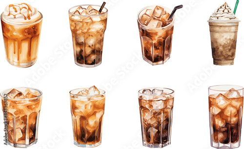 a set of six different iced coffee drinks