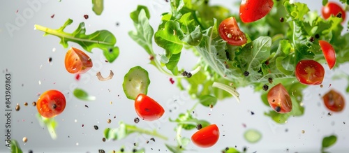 Vegetables falling onto a white background, perfect for a salad