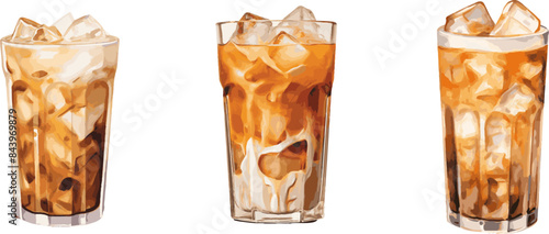 three glasses of iced coffee with ice and caramel