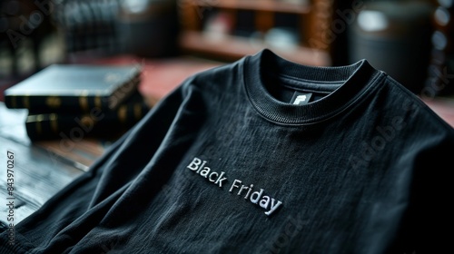 Black friday embroidered on a black t-shirt lying on a table