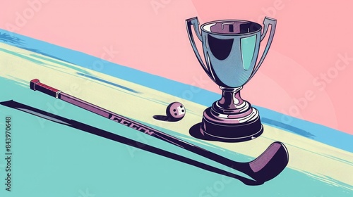 Championship Trophy with Hockey Stick and Puck Illustration photo