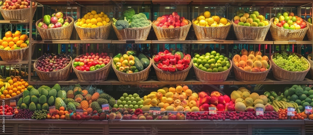 Fruit and vegetable display in the supermarket, panoramic view of shelves with baskets full of fruits and vegetables, vibrant colors of fruit against the backdrop of shopping mall interior,