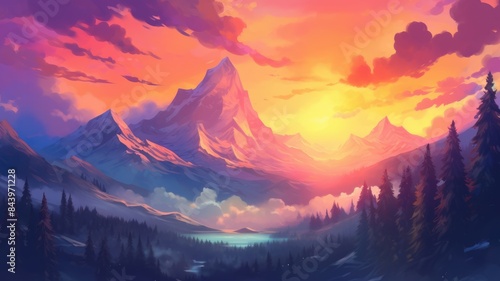 Digital painting of a mountainous landscape during a vibrant sunset. Image of blue mountain or hill painted with blue gradient watercolor contrast with orange and pink twilight sky from sunset. AIG35.