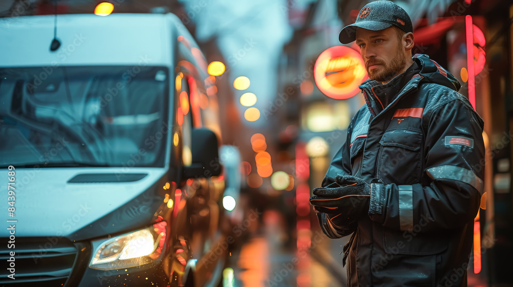Naklejka premium A man in a black jacket stands in front of a van. He is holding a cell phone and he is waiting for someone. The scene takes place in a city with a wet street