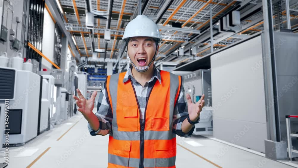 Asian Male Engineer With Safety Helmet Smiling To Camera And Saying Wow While Standing At Factory Digitalization Asian Male Engineer With Safety Helmet Smiling To Camera And Saying Wow While Standing At Factory Digitalization