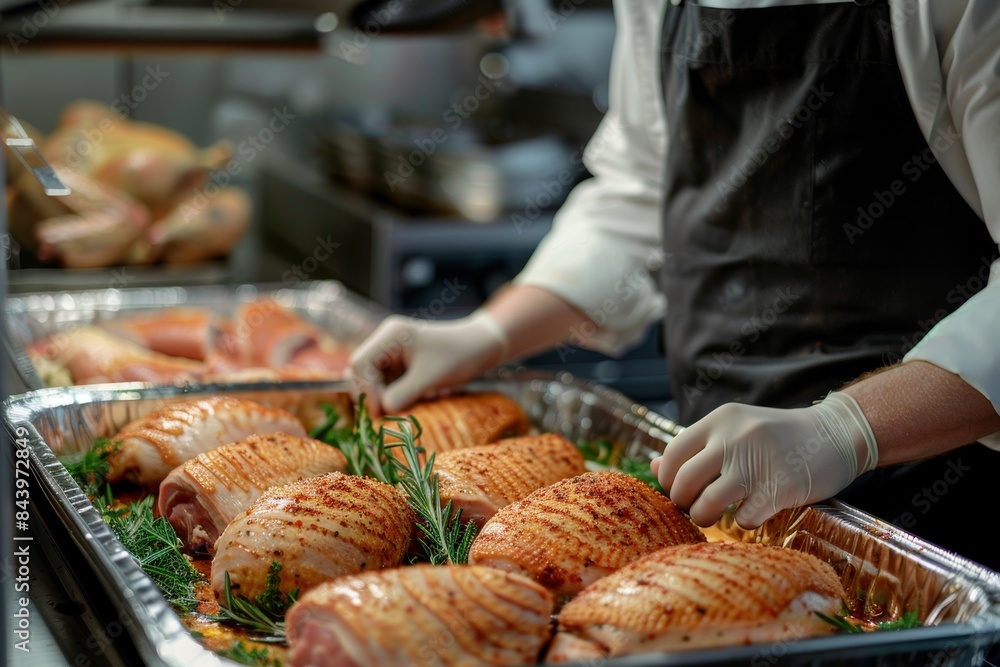 Chef Arranging Seasoned Turkey Breasts Chef Arranging Seasoned Turkey Breasts