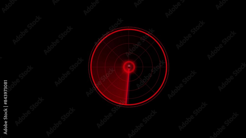 Red tech space radar interface with rotating loop animation on black background Red tech space radar interface with rotating loop animation on black background