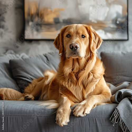 Modern living room interior Cute Golden Labrador