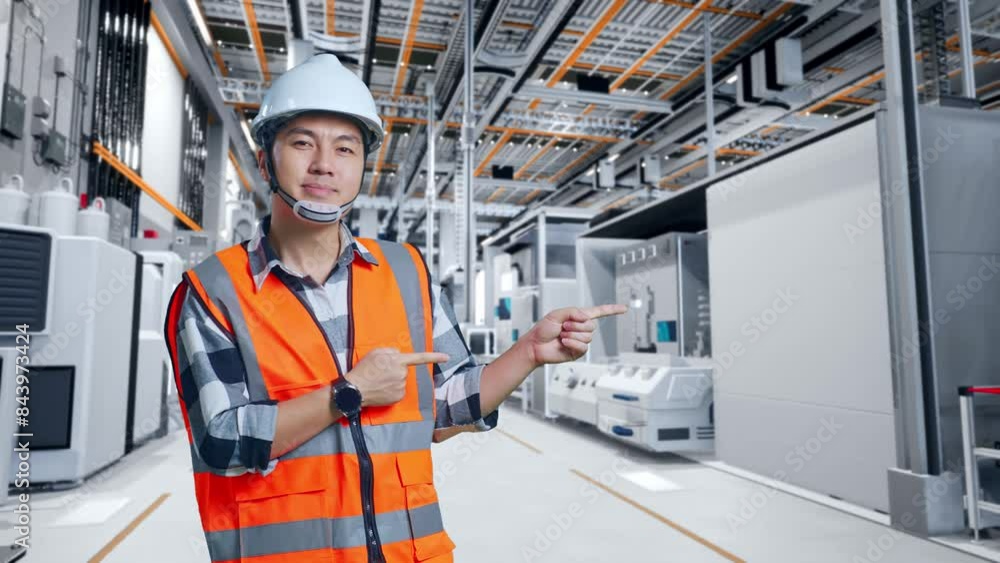 Asian Male Engineer With Safety Helmet Smiling And Pointing To Side While Standing At Factory Digitalization Asian Male Engineer With Safety Helmet Smiling And Pointing To Side While Standing At Factory Digitalization