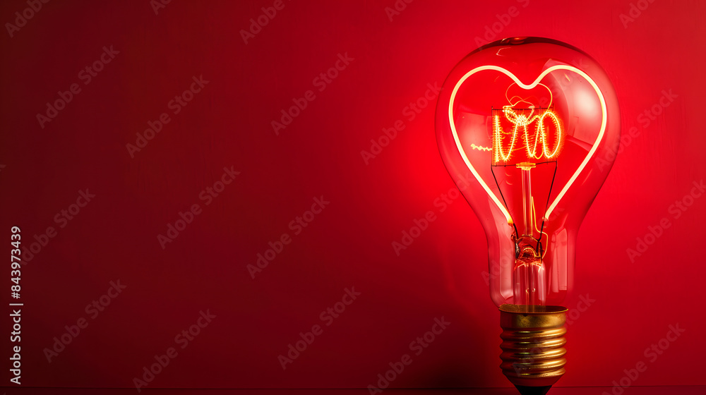 A light bulb with the shape of heart glowing on red background. concept for valentines day A light bulb with the shape of heart glowing on red background. concept for valentines day