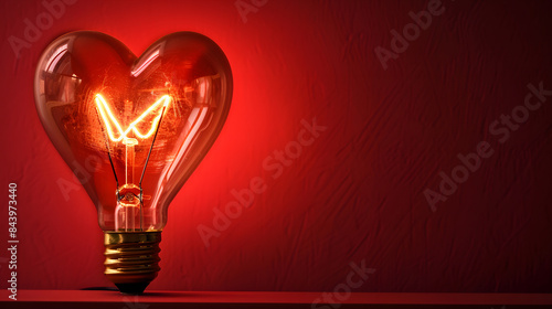 A light bulb with the shape of heart glowing on red background. concept for valentines day 