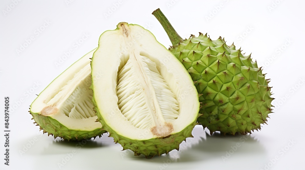 Closeup image of a green soursop fruit cut in half showing its on white background Closeup image of a green soursop fruit cut in half showing its on white background