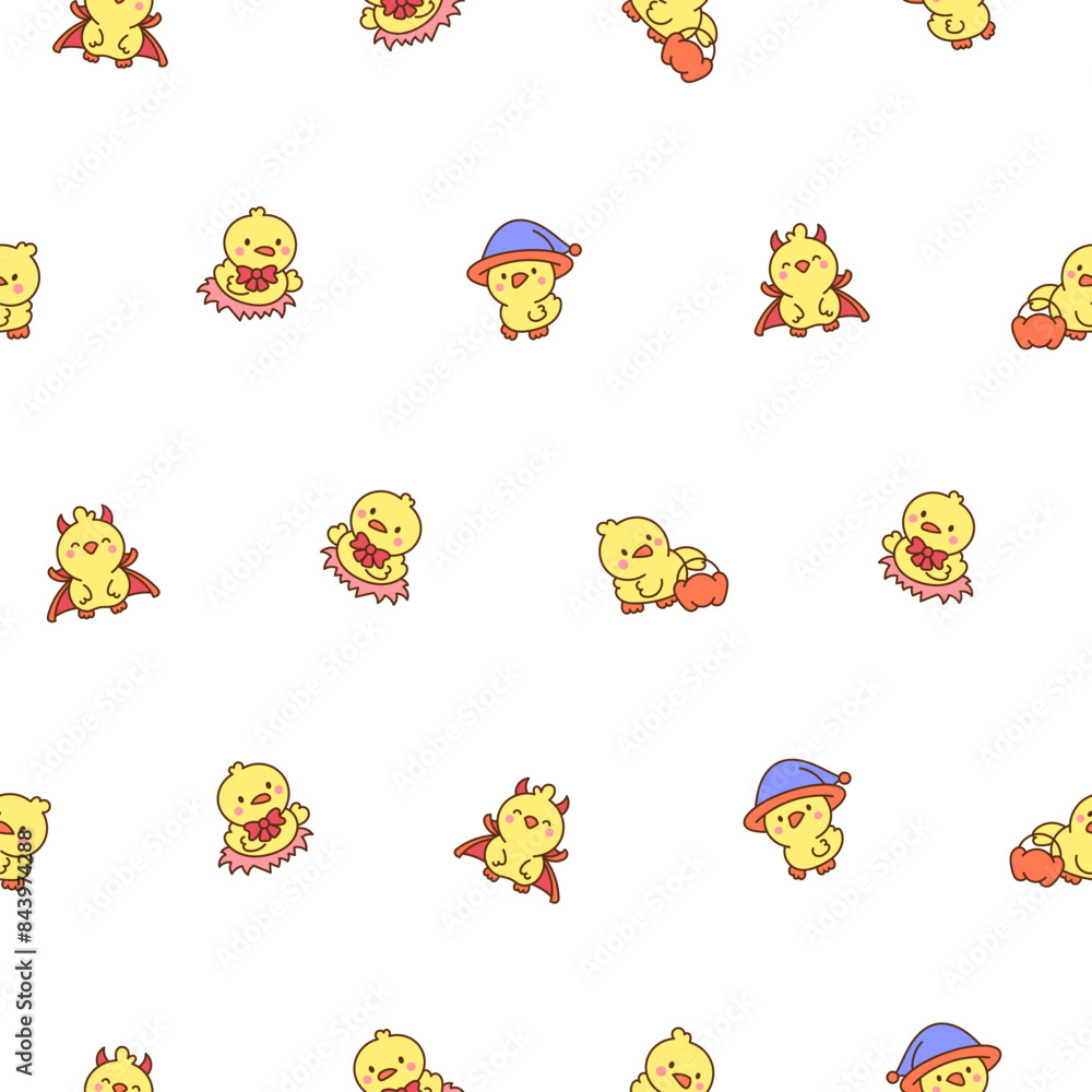 Cute kawaii little chick. Seamless pattern. Cartoon baby farm birds characters. Hand drawn style. Vector drawing. Design ornaments. Cute kawaii little chick. Seamless pattern. Cartoon baby farm birds characters. Hand drawn style. Vector drawing. Design ornaments.