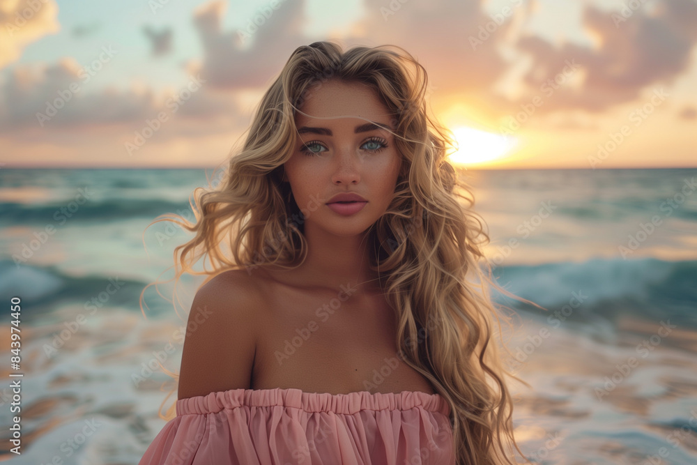 Dreamy Sunset Beach Scene: Blonde Woman in Pink Off-Shoulder Dress Dreamy Sunset Beach Scene: Blonde Woman in Pink Off-Shoulder Dress