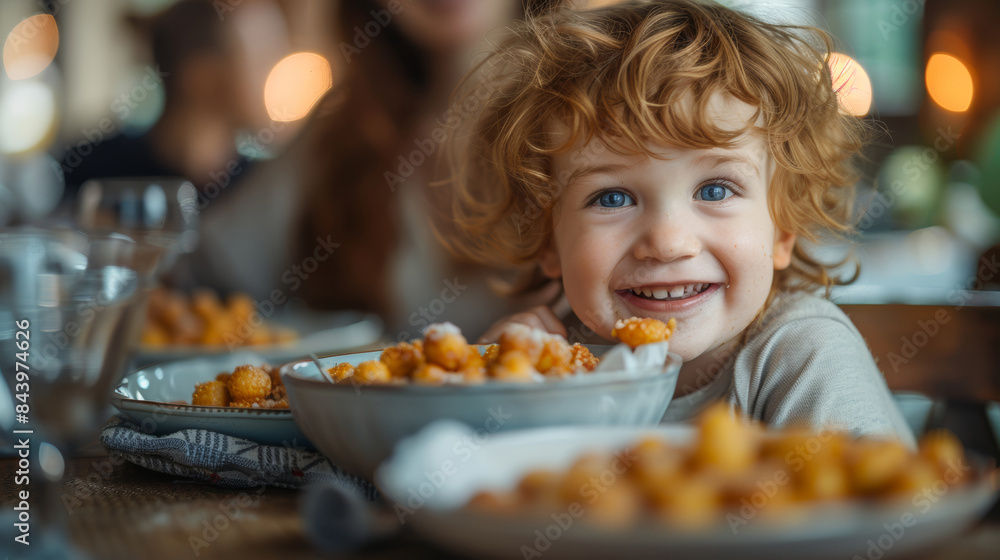 A little boy with curly hair beams a bright smile while enjoying his meal, with plates of food around him on a dining table.