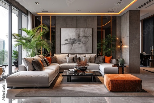 Highend modern chic style living room with glamorous accents and luxe fabrics.