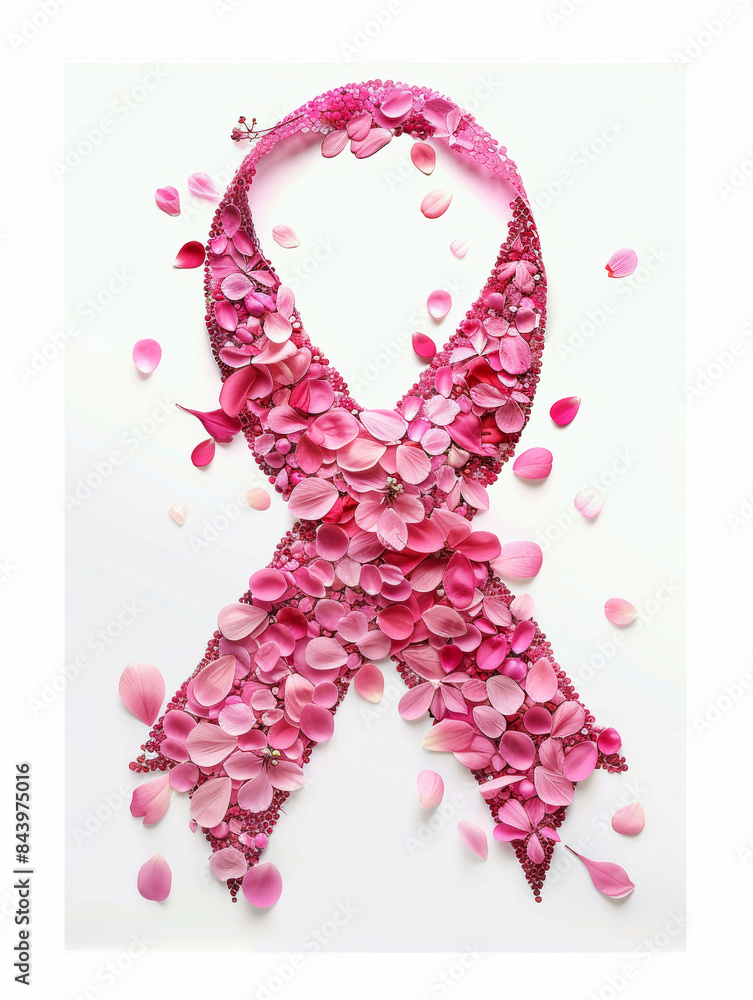 A floral pink ribbon, creatively arranged from pink petals, elegantly sprawls, symbolizing breast cancer awareness and solidarity. A floral pink ribbon, creatively arranged from pink petals, elegantly sprawls, symbolizing breast cancer awareness and solidarity.