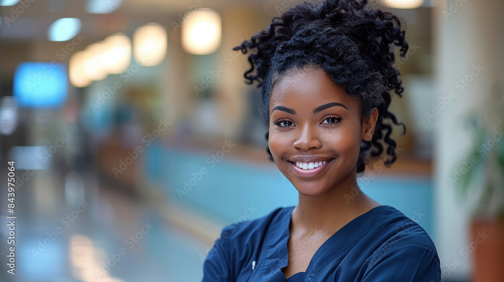 A healthcare professional in scrubs, confidently smiling in a bright, busy hospital corridor, embodying dedication and warmth. A healthcare professional in scrubs, confidently smiling in a bright, busy hospital corridor, embodying dedication and warmth.