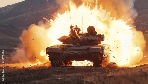 A modern T90 tank being hit  photo