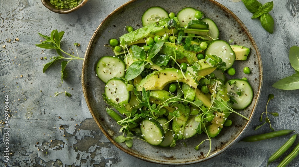 Fresh Green Salad with Avocado, Cucumber, and Peas on Rustic Background Fresh Green Salad with Avocado, Cucumber, and Peas on Rustic Background